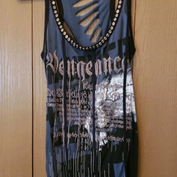 Salvage Dresses & Skirts - SALVAGE RARE"Vengeance" Edgy Blue and Black Cut Out Back Studded Graphic Dress